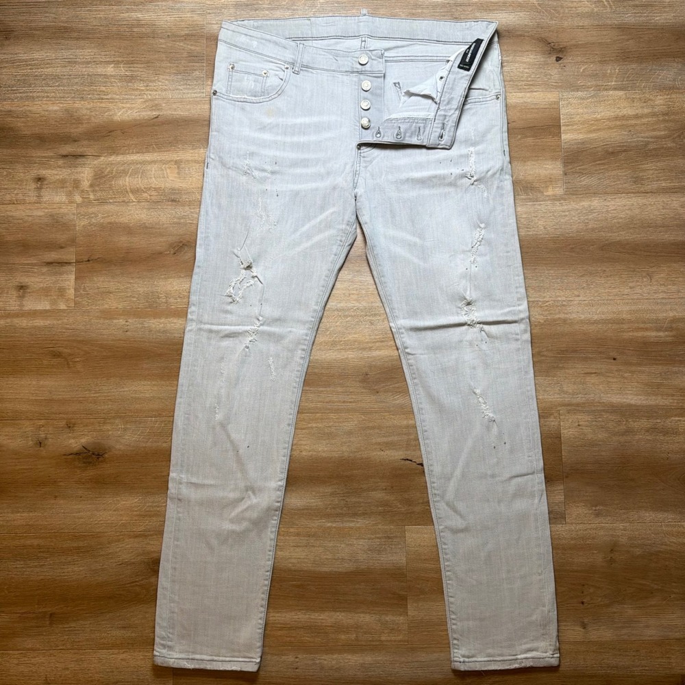 Dsquared2 Slim Jeans Men 54 Light Grey Distressed Button Fly Made in Italy Denim